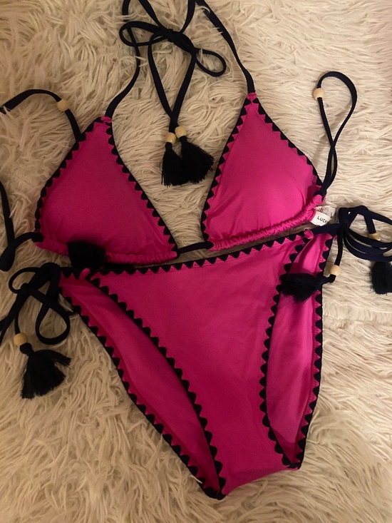 Lucky Brand Other - NWT Lucky Brand Pink & Black Tassel Triangle Bikini Set Boho Swimwear